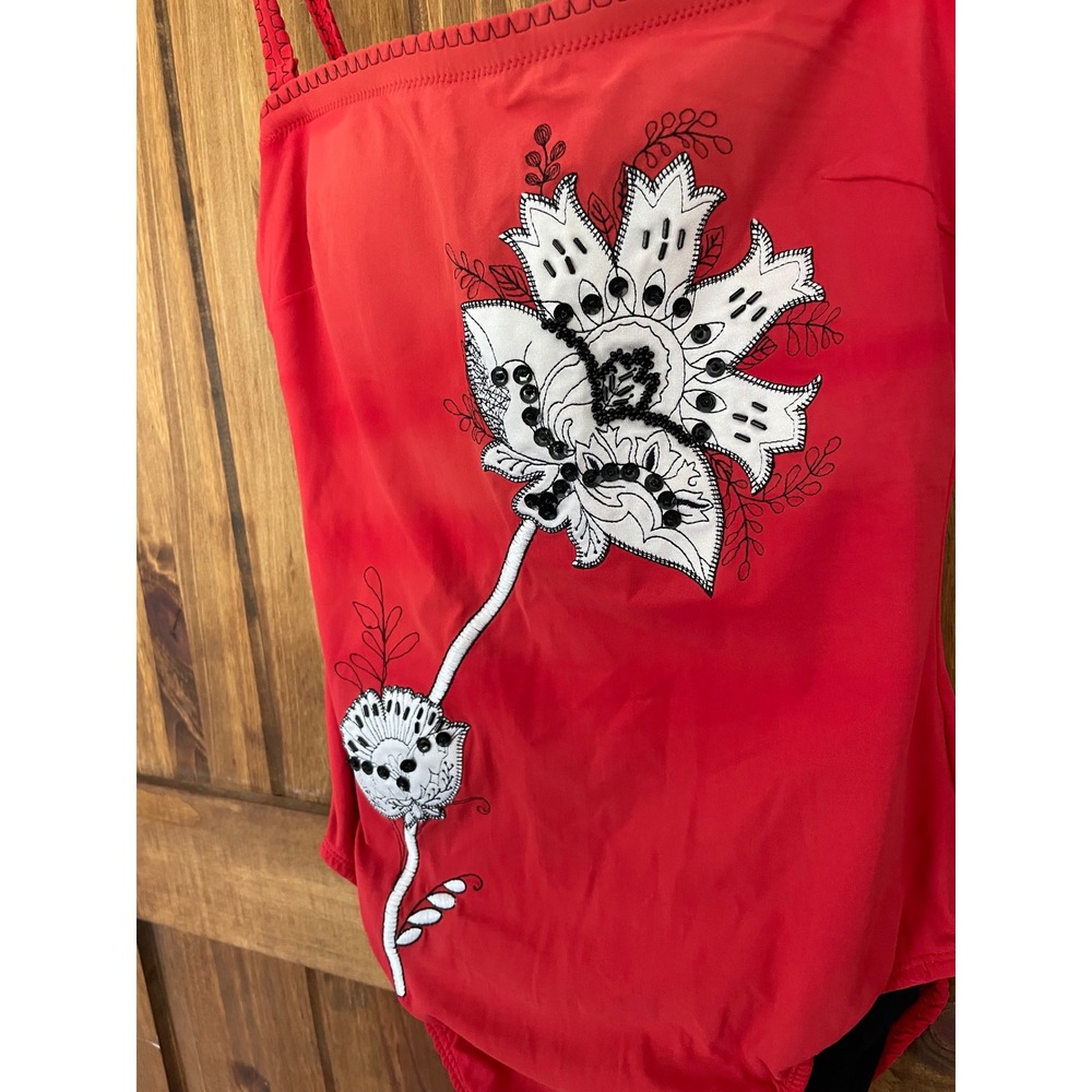 Vintage Gottex Red Embroidered Square Neck One Piece Bathing Suit - Picture 2 of 6